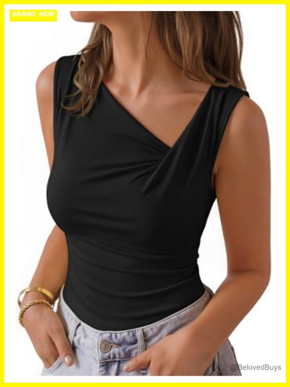 Sleeveless Asymmetrical Ruched Tank Top Knit Viscose Spandex Slim Fit